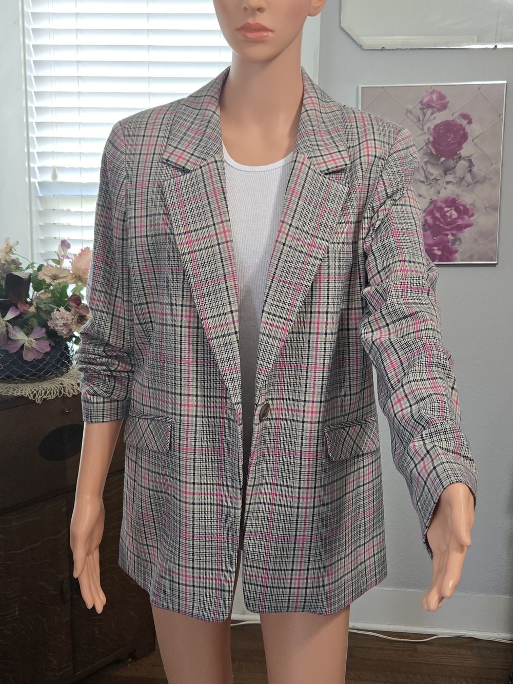Women's Gray Plaid Blazer with Pink Trim